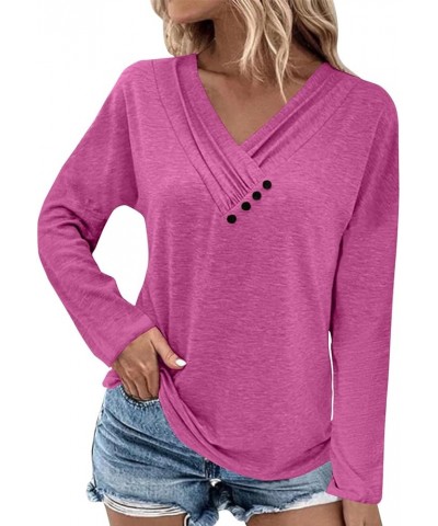 Shirts for Women,Women'S Pleated Button V Neck Tops Loose Long Sleeve Sweatshirt Pullover Comfy Fall T-Shirts 2-hot Pink $9.0...