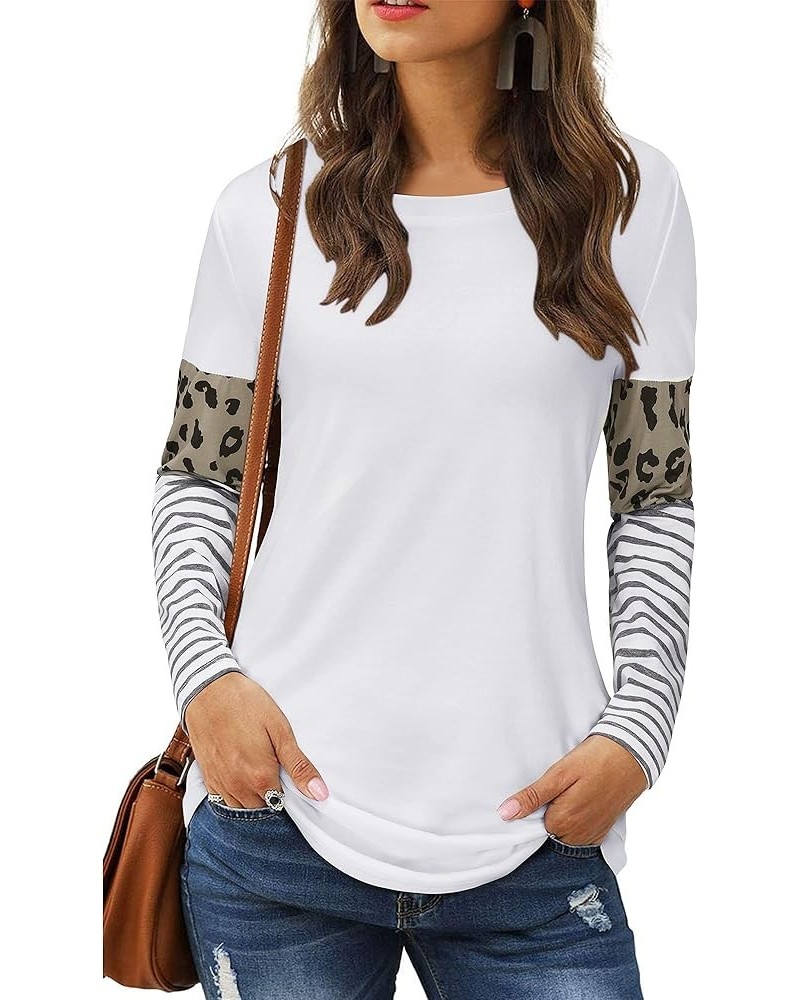 Women's Leopard Print Patchwork Color Block Tunic Round Neck Long Sleeve T Shirts Striped Causal Blouses Tops White-20w010 $1...