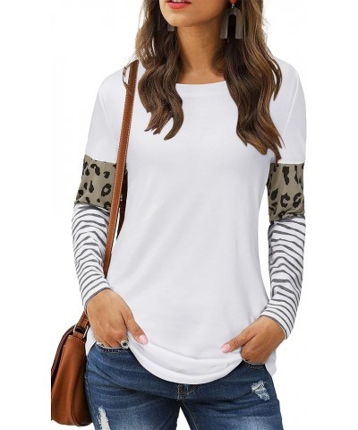 Women's Leopard Print Patchwork Color Block Tunic Round Neck Long Sleeve T Shirts Striped Causal Blouses Tops White-20w010 $1...