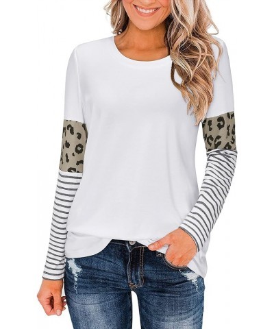 Women's Leopard Print Patchwork Color Block Tunic Round Neck Long Sleeve T Shirts Striped Causal Blouses Tops White-20w010 $1...