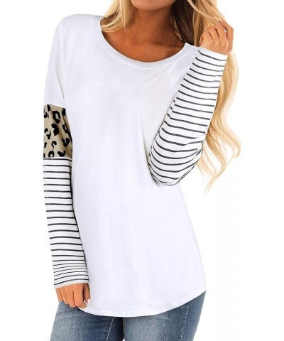 Women's Leopard Print Patchwork Color Block Tunic Round Neck Long Sleeve T Shirts Striped Causal Blouses Tops White-20w010 $1...