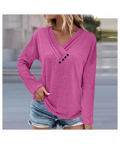 Shirts for Women,Women'S Pleated Button V Neck Tops Loose Long Sleeve Sweatshirt Pullover Comfy Fall T-Shirts 2-hot Pink $9.0...