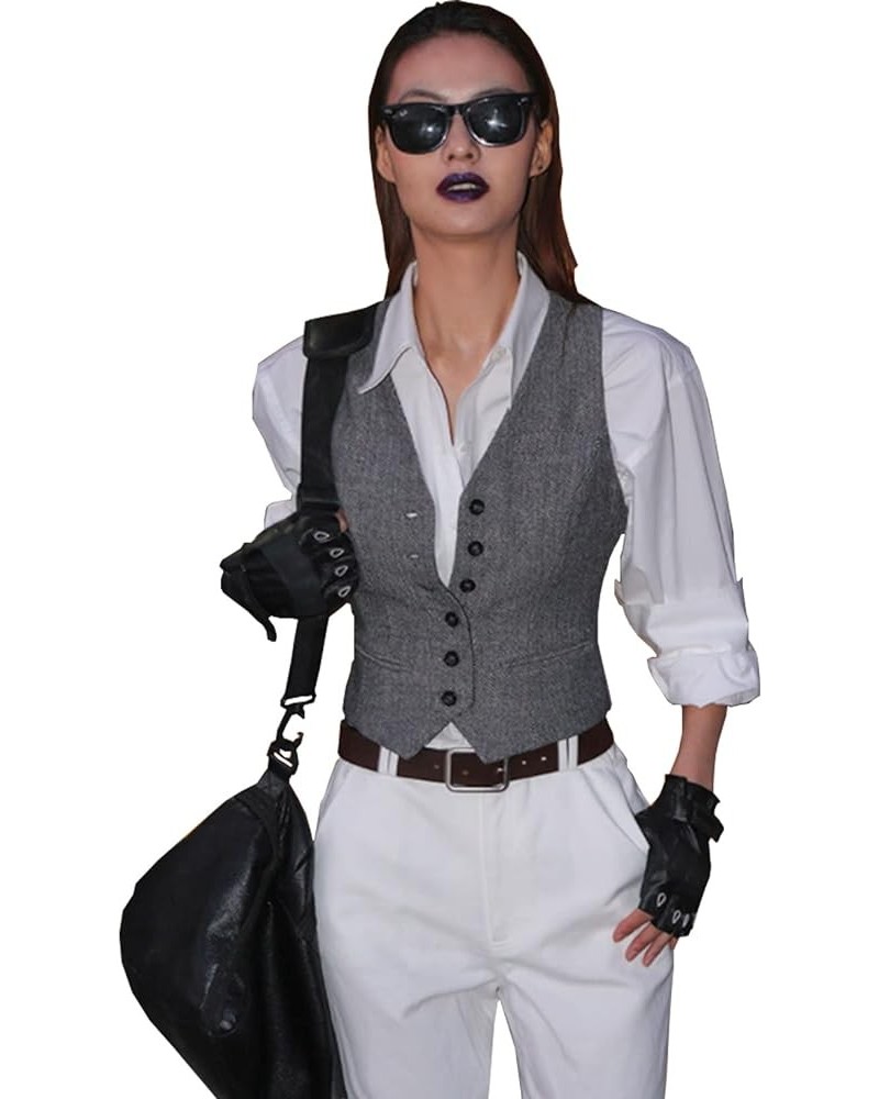 Women's Suit Vest Herringbone Business Work Wear Slim Fit Sleeveless V-Neck Vests Bomber Jacket Waistcoat Grey $14.41 Vests