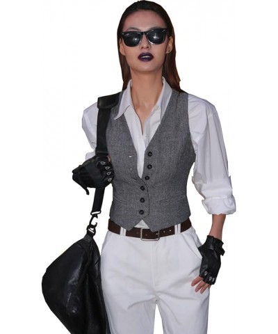 Women's Suit Vest Herringbone Business Work Wear Slim Fit Sleeveless V-Neck Vests Bomber Jacket Waistcoat Grey $14.41 Vests