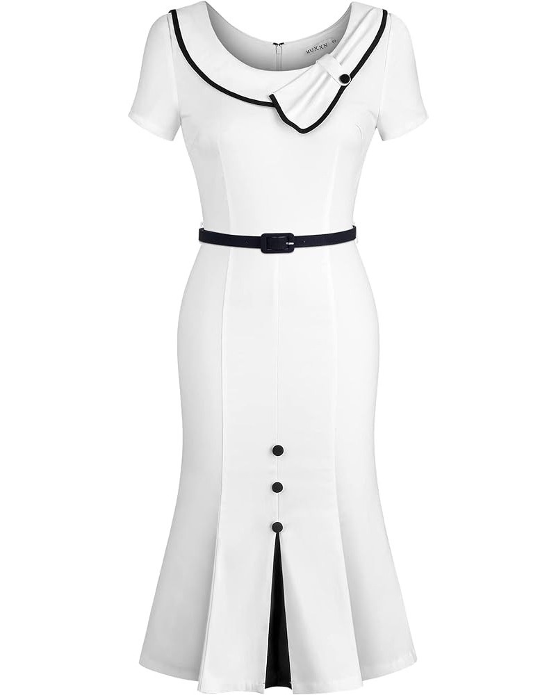 Women's Retro 60s Sailor Collar Short Sleeve Pinup Cocktail Work Mermaid Dress with Belt Off-white $24.60 Dresses