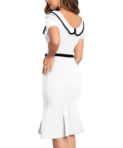 Women's Retro 60s Sailor Collar Short Sleeve Pinup Cocktail Work Mermaid Dress with Belt Off-white $24.60 Dresses