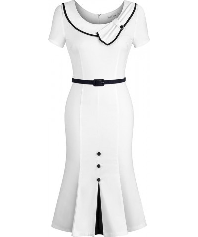 Women's Retro 60s Sailor Collar Short Sleeve Pinup Cocktail Work Mermaid Dress with Belt Off-white $24.60 Dresses