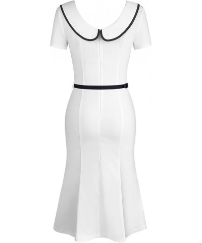 Women's Retro 60s Sailor Collar Short Sleeve Pinup Cocktail Work Mermaid Dress with Belt Off-white $24.60 Dresses