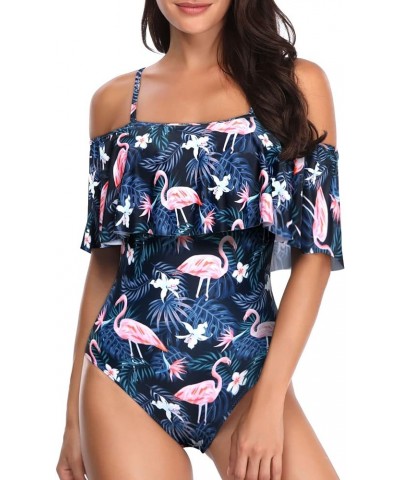 Women's One Piece Swimsuit Vintage Off Shoulder Ruffled Bathing Suits Blue Flamingo $16.56 Swimsuits