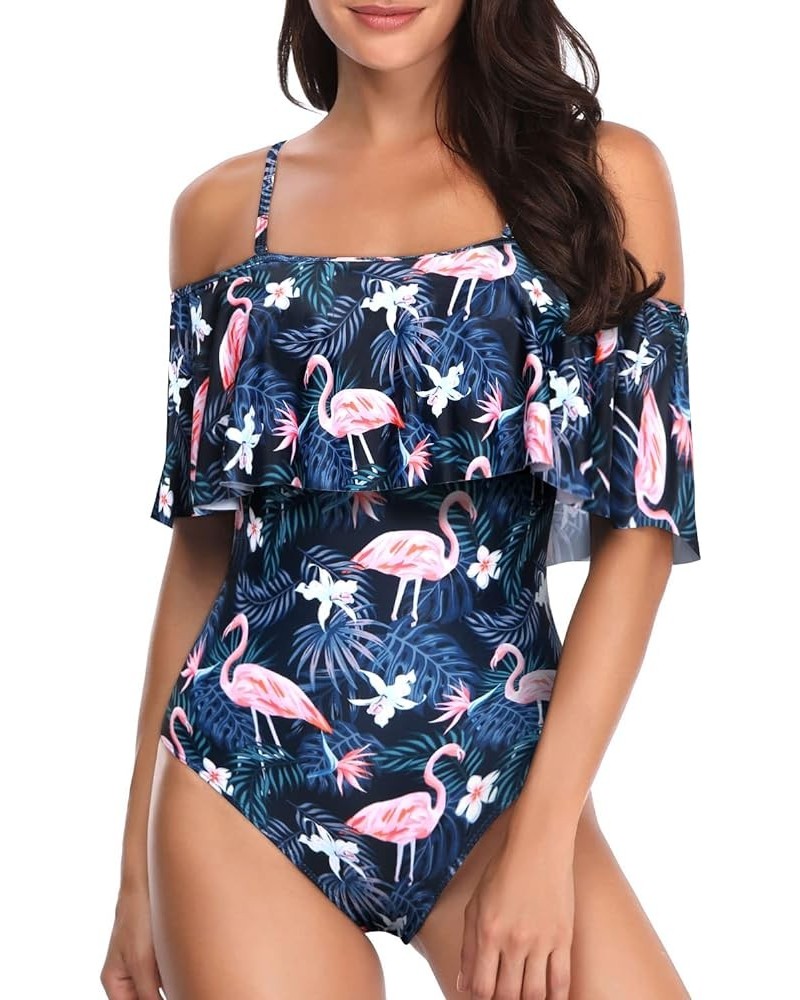 Women's One Piece Swimsuit Vintage Off Shoulder Ruffled Bathing Suits Blue Flamingo $16.56 Swimsuits