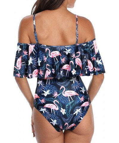 Women's One Piece Swimsuit Vintage Off Shoulder Ruffled Bathing Suits Blue Flamingo $16.56 Swimsuits