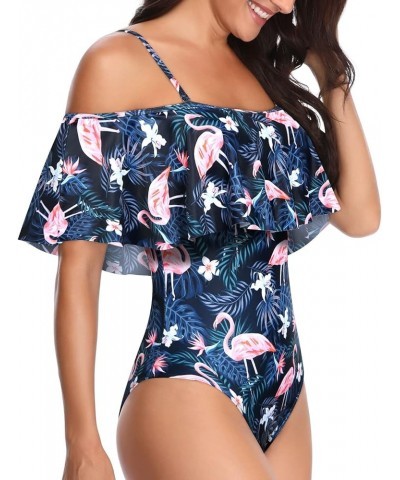 Women's One Piece Swimsuit Vintage Off Shoulder Ruffled Bathing Suits Blue Flamingo $16.56 Swimsuits