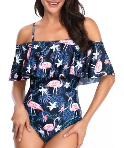 Women's One Piece Swimsuit Vintage Off Shoulder Ruffled Bathing Suits Blue Flamingo $16.56 Swimsuits