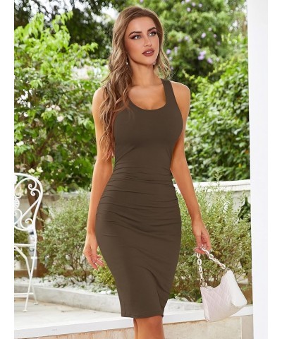 Missufeintl Women's Sleeveless Ruched Sheath Bodycon Sundress Casual Basic Knee Length Racerback Tank Dress Light Brown01 $12...