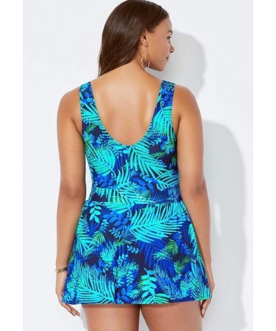 Women's Plus Size V-Neck Swimdress Vibrant Palm Blue $31.01 Swimsuits