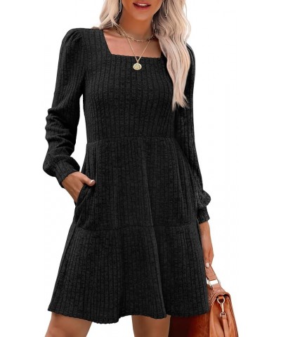 Womens Square Neck Long Sleeve Fall Dresses Casual Babydoll Sweater Dress 00-black $25.07 Dresses