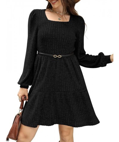 Womens Square Neck Long Sleeve Fall Dresses Casual Babydoll Sweater Dress 00-black $25.07 Dresses