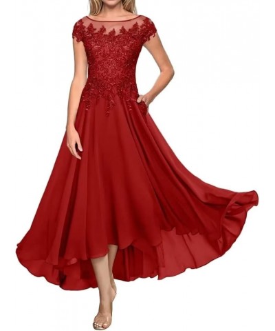 Tea Length Mother of The Bride Dresses A Line Chiffon Lace Applique Formal Evening Dress for Women Wedding Guest Red $44.54 D...