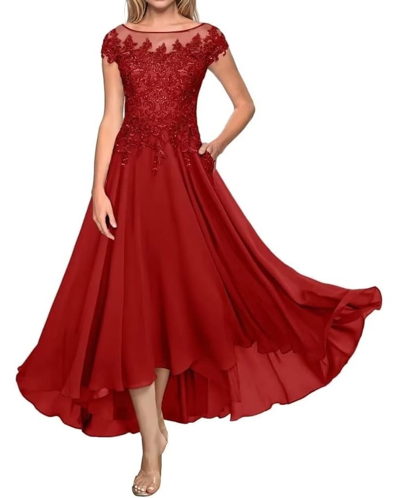 Tea Length Mother of The Bride Dresses A Line Chiffon Lace Applique Formal Evening Dress for Women Wedding Guest Red $44.54 D...