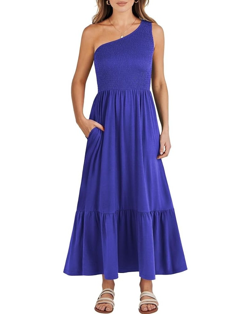 Women's 2024 Summer One Shoulder Sleeveless Casual Smocked Ruffle Tiered Beach Maxi Sun Dress Royal Blue $14.99 Dresses