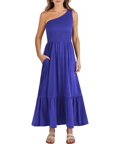 Women's 2024 Summer One Shoulder Sleeveless Casual Smocked Ruffle Tiered Beach Maxi Sun Dress Royal Blue $14.99 Dresses