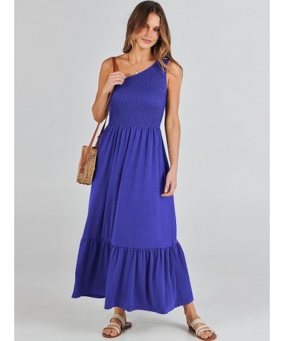 Women's 2024 Summer One Shoulder Sleeveless Casual Smocked Ruffle Tiered Beach Maxi Sun Dress Royal Blue $14.99 Dresses