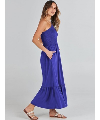 Women's 2024 Summer One Shoulder Sleeveless Casual Smocked Ruffle Tiered Beach Maxi Sun Dress Royal Blue $14.99 Dresses