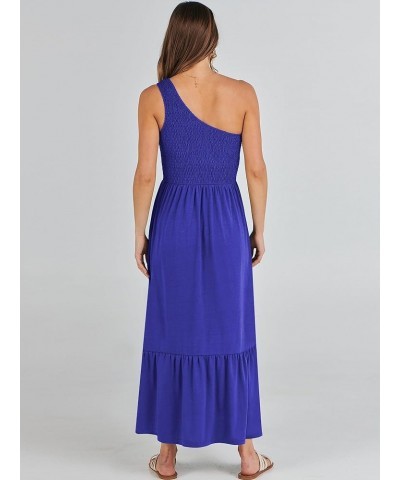 Women's 2024 Summer One Shoulder Sleeveless Casual Smocked Ruffle Tiered Beach Maxi Sun Dress Royal Blue $14.99 Dresses