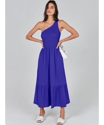 Women's 2024 Summer One Shoulder Sleeveless Casual Smocked Ruffle Tiered Beach Maxi Sun Dress Royal Blue $14.99 Dresses