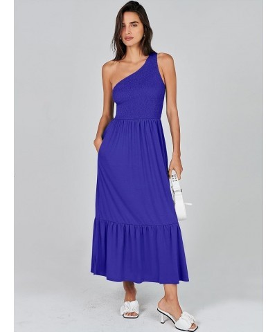 Women's 2024 Summer One Shoulder Sleeveless Casual Smocked Ruffle Tiered Beach Maxi Sun Dress Royal Blue $14.99 Dresses