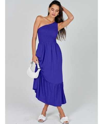 Women's 2024 Summer One Shoulder Sleeveless Casual Smocked Ruffle Tiered Beach Maxi Sun Dress Royal Blue $14.99 Dresses