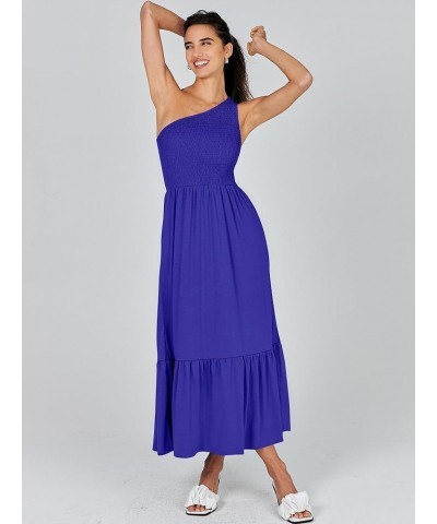 Women's 2024 Summer One Shoulder Sleeveless Casual Smocked Ruffle Tiered Beach Maxi Sun Dress Royal Blue $14.99 Dresses