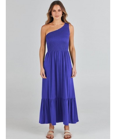 Women's 2024 Summer One Shoulder Sleeveless Casual Smocked Ruffle Tiered Beach Maxi Sun Dress Royal Blue $14.99 Dresses