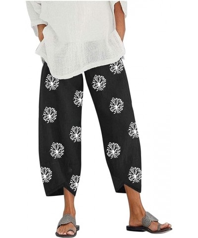 Women's Cotton Linen Capri Pants with Pockets Casual High Waist Wide Leg Trousers Trendy Y2K Pants S-5XL Black Dandelion $14....