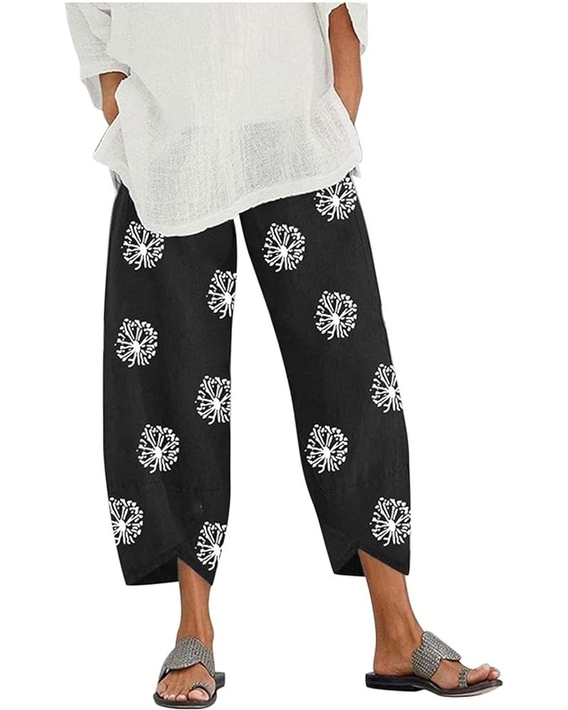 Women's Cotton Linen Capri Pants with Pockets Casual High Waist Wide Leg Trousers Trendy Y2K Pants S-5XL Black Dandelion $14....