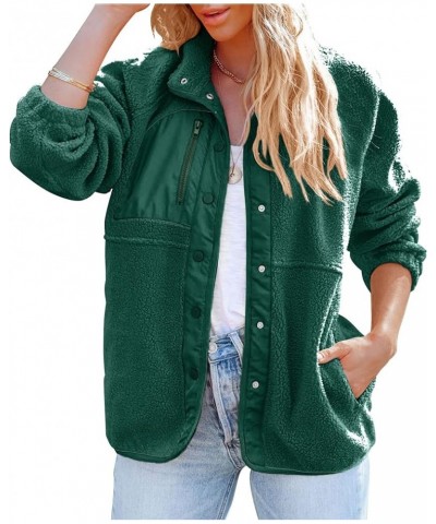 Women's Fall Winter Sherpa Fleece Jacket Casual Long Sleeve Button Down Fuzzy Shacket Outerwear Coat Darkgreen $22.67 Jackets