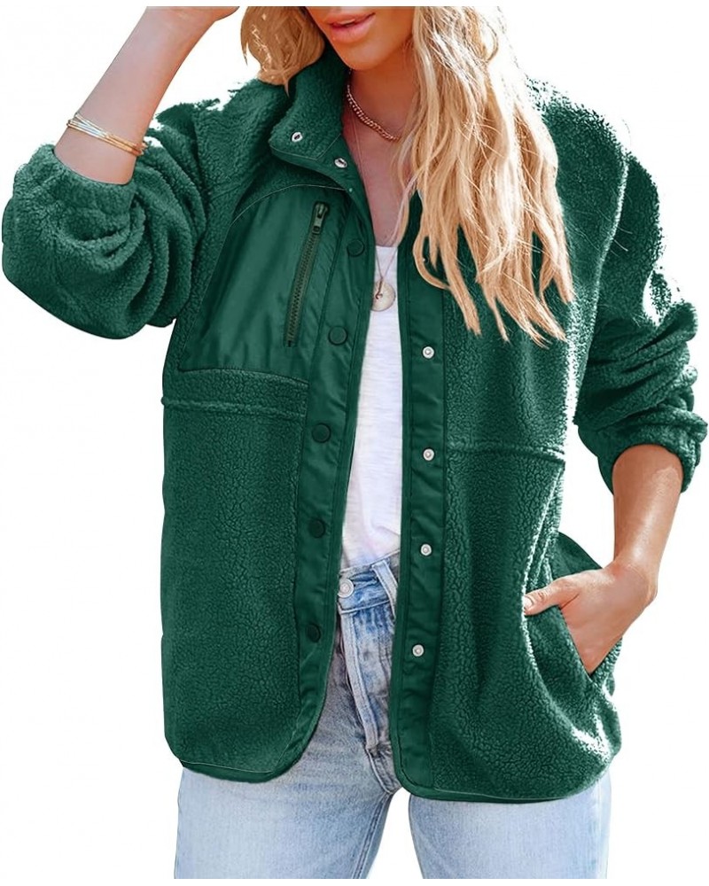 Women's Fall Winter Sherpa Fleece Jacket Casual Long Sleeve Button Down Fuzzy Shacket Outerwear Coat Darkgreen $22.67 Jackets