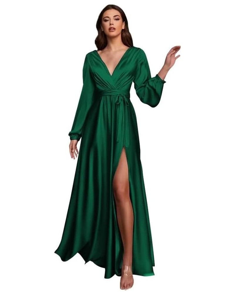 Long Sleeve Bridesmaid Dresses for Women 2024 V Neck Satin Formal Dresses Evening Gown with Slit Emerald Green $30.55 Dresses