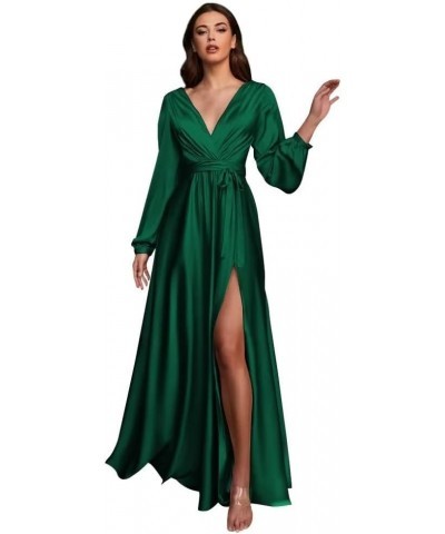 Long Sleeve Bridesmaid Dresses for Women 2024 V Neck Satin Formal Dresses Evening Gown with Slit Emerald Green $30.55 Dresses