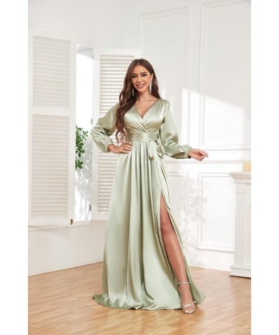 Long Sleeve Bridesmaid Dresses for Women 2024 V Neck Satin Formal Dresses Evening Gown with Slit Emerald Green $30.55 Dresses