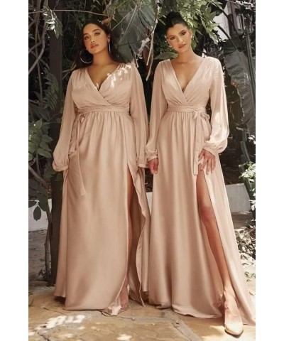 Long Sleeve Bridesmaid Dresses for Women 2024 V Neck Satin Formal Dresses Evening Gown with Slit Emerald Green $30.55 Dresses