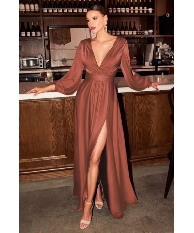 Long Sleeve Bridesmaid Dresses for Women 2024 V Neck Satin Formal Dresses Evening Gown with Slit Emerald Green $30.55 Dresses