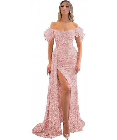 Women's Sequin Mermaid Long Feather Prom Dress 2023 Backless Formal Party Dress Blush Pink $34.40 Dresses