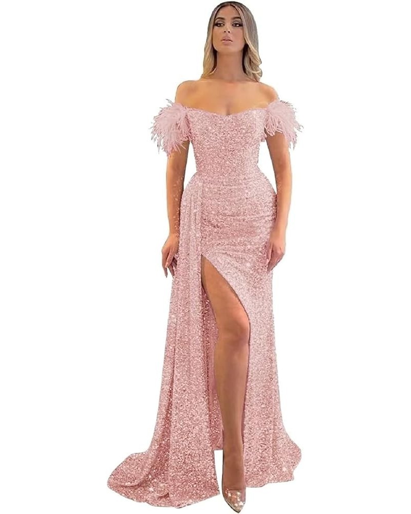 Women's Sequin Mermaid Long Feather Prom Dress 2023 Backless Formal Party Dress Blush Pink $34.40 Dresses