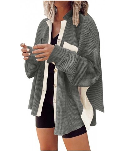 Women Jackets Fashion Casual Color Block Open Front Button Down Coat Oversized Loose Knit Long Sleeve Shacket Jacket A01 gray...