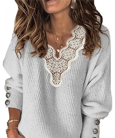 Women’s Fashion Long Sleeve Knitted Sweater Lace V Neck Loose Pullover Sweaters Tops Grey $21.19 Sweaters