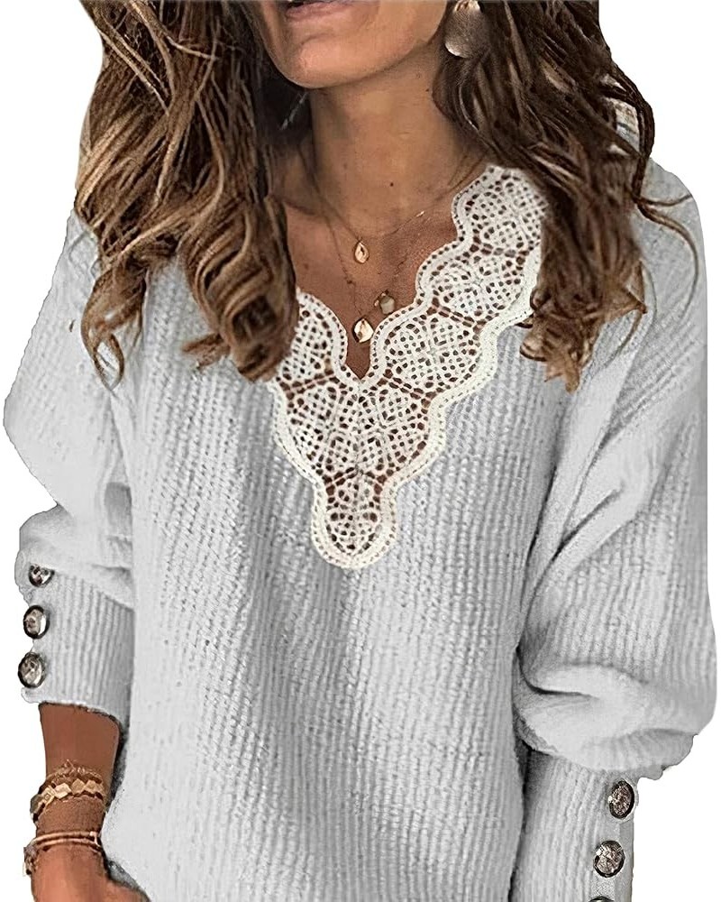 Women’s Fashion Long Sleeve Knitted Sweater Lace V Neck Loose Pullover Sweaters Tops Grey $21.19 Sweaters