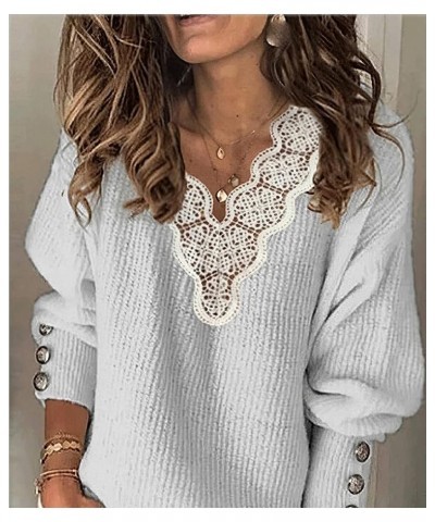 Women’s Fashion Long Sleeve Knitted Sweater Lace V Neck Loose Pullover Sweaters Tops Grey $21.19 Sweaters