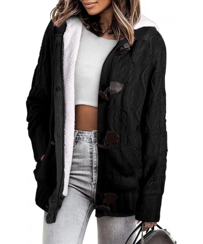 Women Hooded Knit Cardigans Button Cable Sweater Coat K-black $26.55 Sweaters