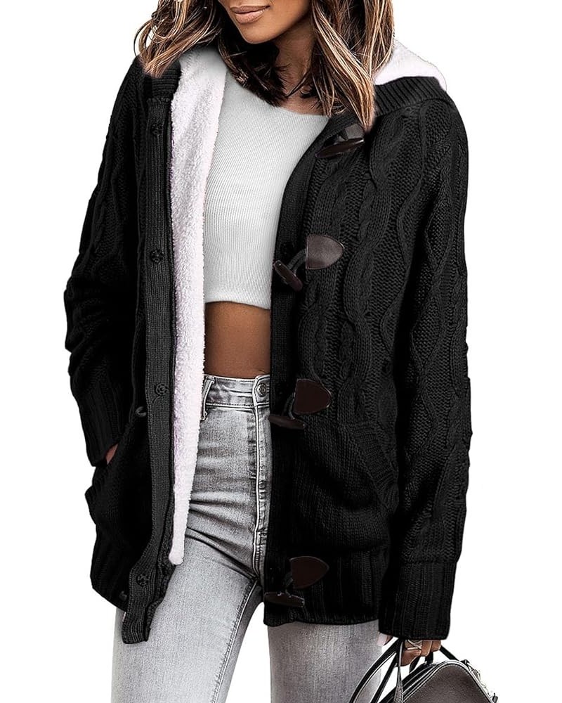 Women Hooded Knit Cardigans Button Cable Sweater Coat K-black $26.55 Sweaters